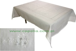Obrus ręcznie haftowany "Rosiczka" 240x140 + 12 serwetek 35cm x 35cm